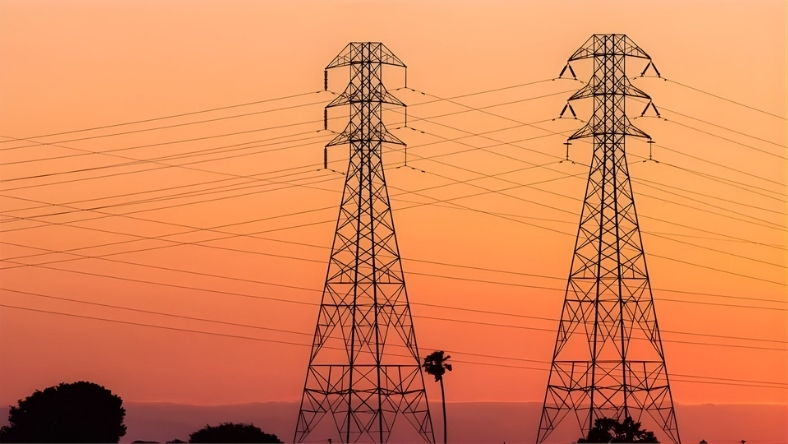High voltage electricity transmission towers and power lines at sunset